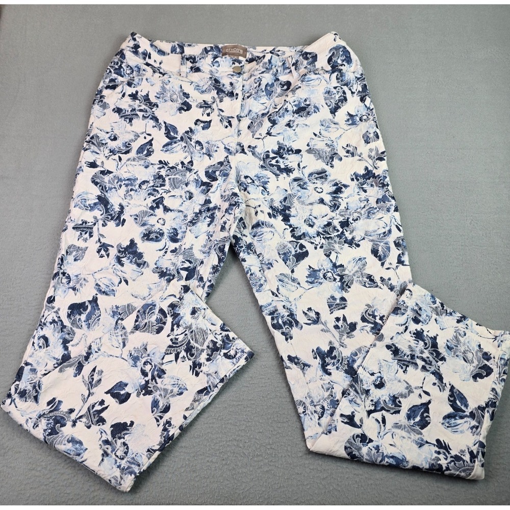 Chico's Floral Crop‎ Jeans Blue White Stretch Cropped Jeans Cottagecore Boho